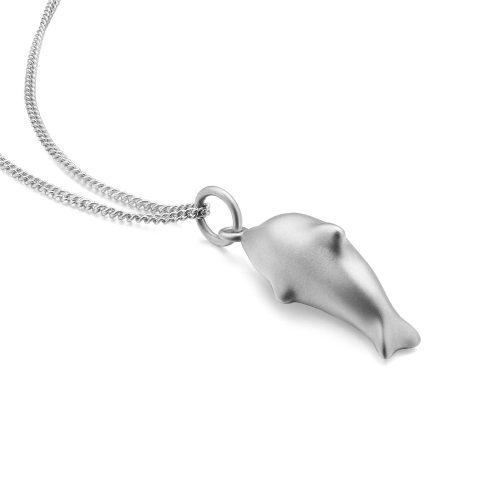 Sterling silver dolphin-shaped pendant on delicate box chain necklace.